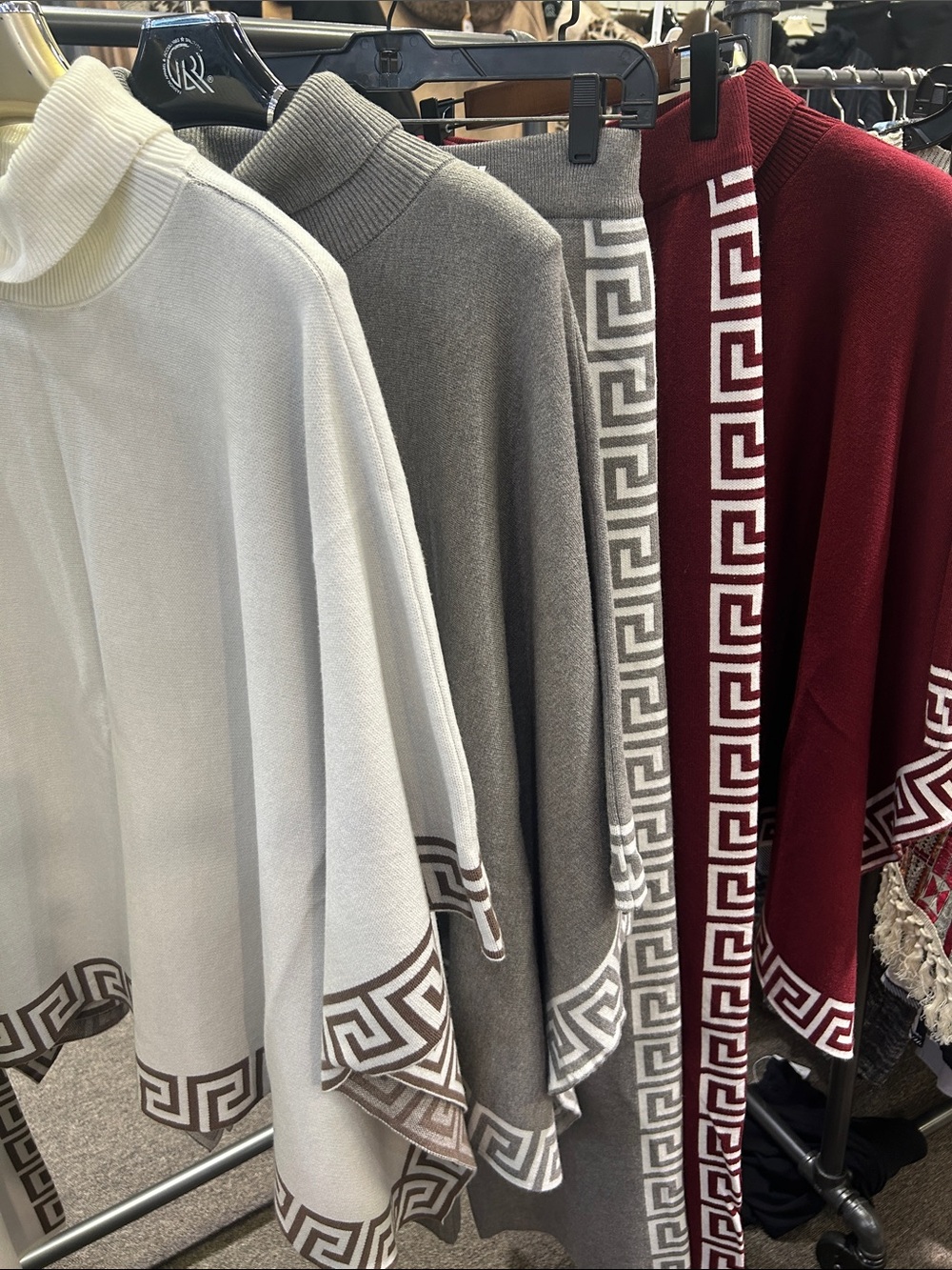 Women’s Geometric Border Turtleneck Poncho - White, Gray, Burgundy